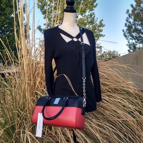 Calvin Klein Watermelon Red Black Calf Leather Tonya Satchel - Picture 2 of 16